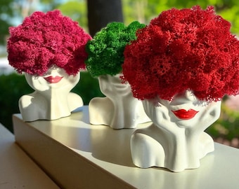 Girl Silhouette Moss Vase: Handmade Gypsum Planter, Evergreen Decor.