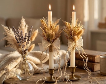 Boho Rustic Taper Candle with Dried Flowers & Wheat