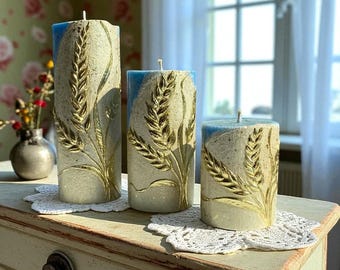 Golden 3D  Wheat Ear Pattern Large Candle - Handcrafted Home Accent