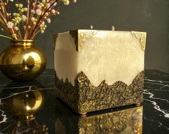 Modern Architectural Statement Candle - Luxury Gold & Concrete Style Cube - 4 Wick Minimalist Centerpiece