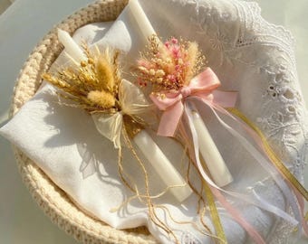 Boho Baptism Dried Flower Taper Candles - Pink Gypsophila or Wheat Christening Candles