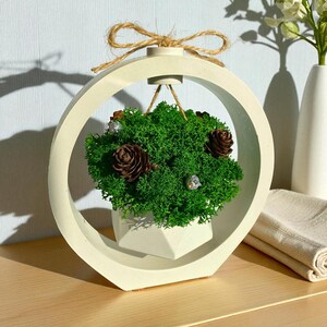 May include: A cream-coloured circular frame featuring a hanging arrangement of green moss, pine cones, and silver accents. The moss is in a white geometric pot, and the frame is tied with a natural twine bow. A unique home decor piece.