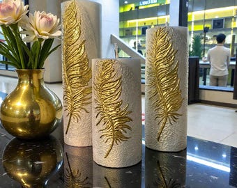 Large Candle with 3D Gold Feather Design. Stylish Home Decor.