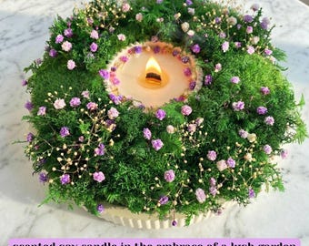 Floral Soy Candle in Preserved Moss Wreath - Table Centerpiece