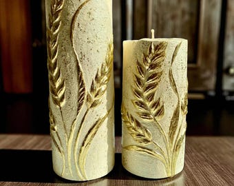 Golden 3D  Wheat Ear Pattern Large Candle - Handcrafted Home Accent