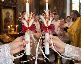 Burgundy Baptism Candle Set with Dried Flowers • Christening Taper Candles for Baby