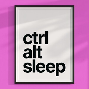 Puede incluir: Una impresión enmarcada en blanco y negro con el texto "ctrl alt sleep" sobre un fondo rosa.