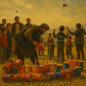 以下が含まれることがあります： 子供を含む人々が屋外に集まっています。彼らは凧を揚げて、糸巻きを持っています。シーンは、暖色系で写実的なスタイルで描かれています。