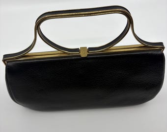 Vintage Block Black Leather Handbag Gold Frame Purse Mid Century Top Handle Evening Bag