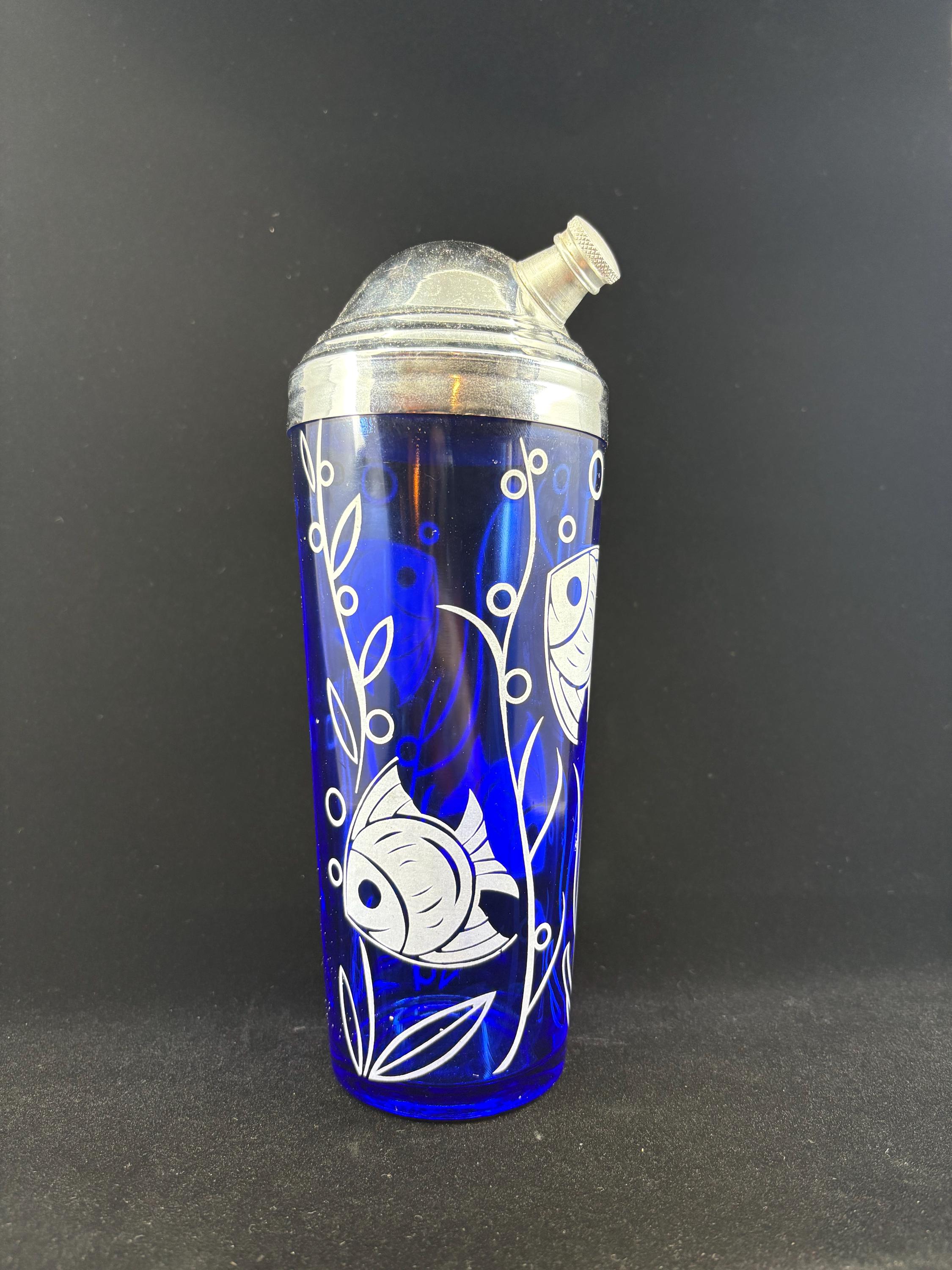 Vintage Hazel Atlas Cobalt Blue Fish Shaker With Original Lid and