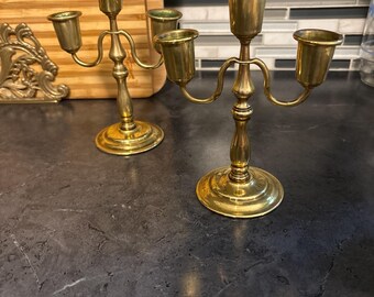 Pair Vintage MCM Brass 3 Arm 6” Candelabras