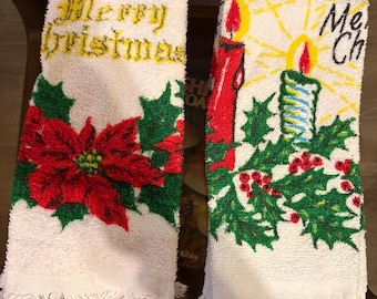 Vintage Cannon Christmas Hand Towel Made in USA Fringed Terry Cotton – Choice of Poinsettia or Candles