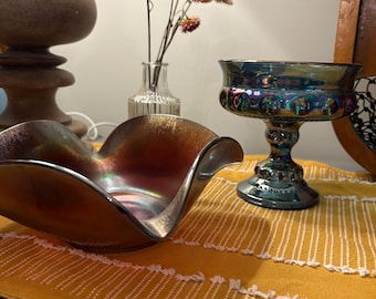 Vintage Amethyst Carnival Glass Pinch Bowl & Vintage Indiana Glass Blue Carnival Kings Crown Compote