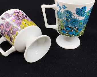 Vintage Mid-Century Pedestal Mugs | Scandinavian-Style Floral Coffee Cups | Set of 2