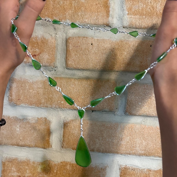 Silver Wire Wrapped Green Teardrop Seaglass Pendant