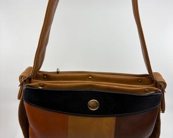 Vintage 1970s Patchwork Leather Shoulder Bag Earth Tone Boho Organizer Purse