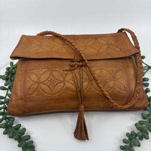 Vintage Tooled Leather Boho Shoulder Bag | Hand Tooled Leather | Artisan Leather Purse with Braided Strap & Tassel | 1970s image 1