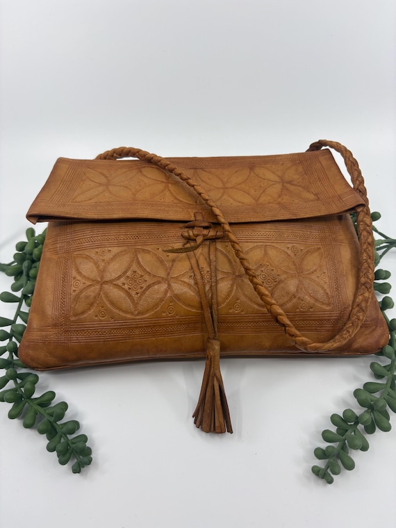 Vintage Tooled Leather Boho Shoulder Bag | Hand Tooled Leather | Artisan Leather Purse with Braided Strap & Tassel | 1970s