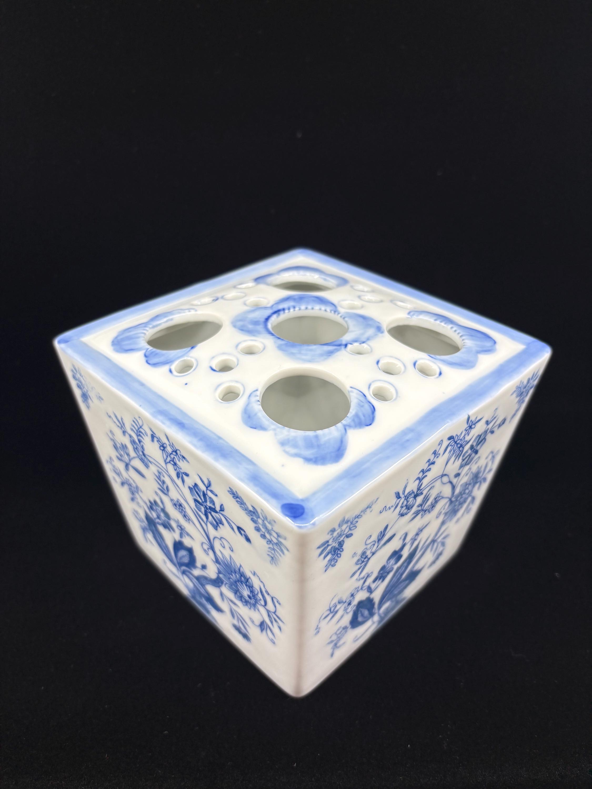 Vintage Blue & White Floral Porcelain Flower Frog Planter