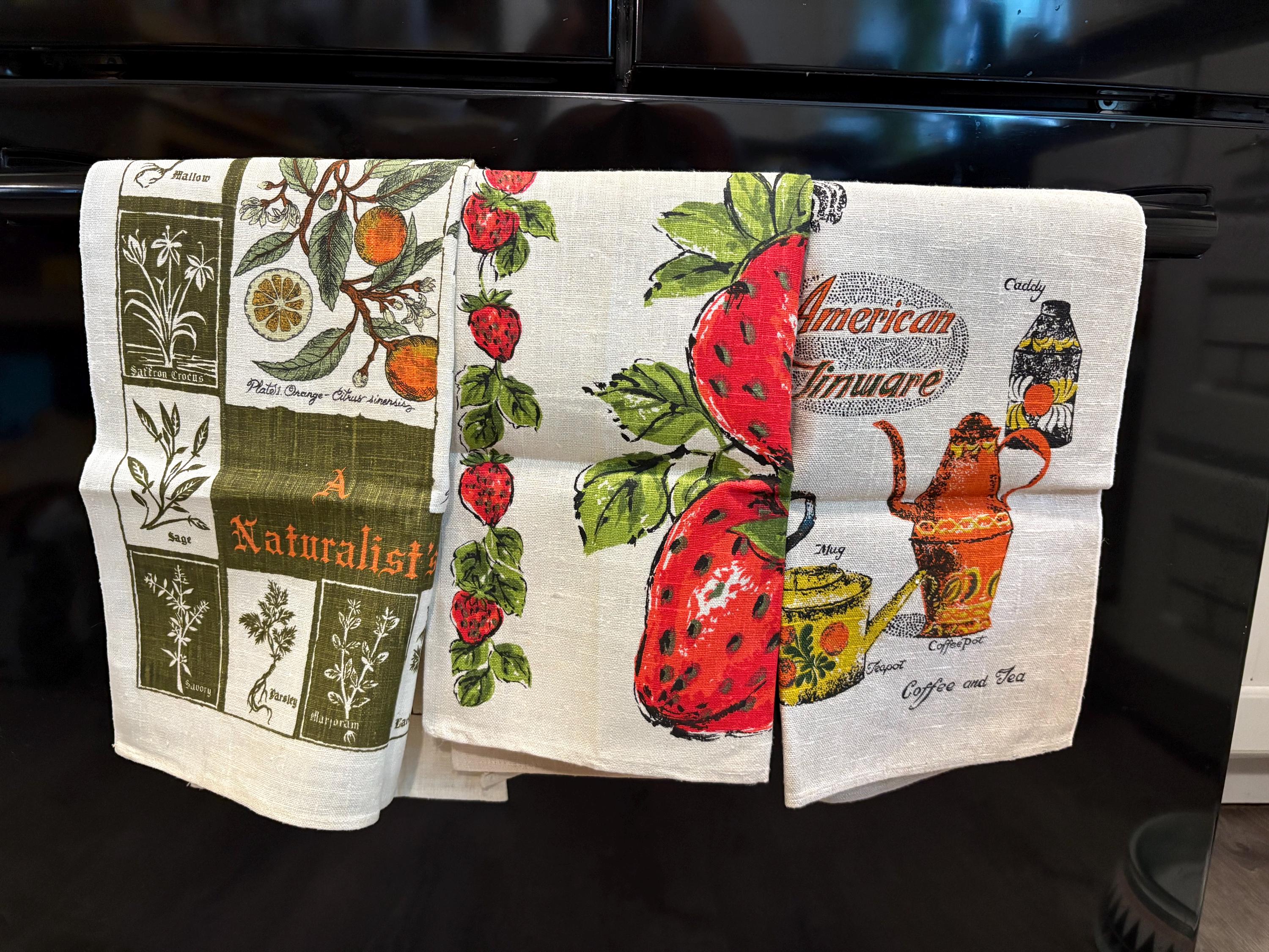 Vintage Linen Tea Towels Strawberry, Naturalist, Tinware