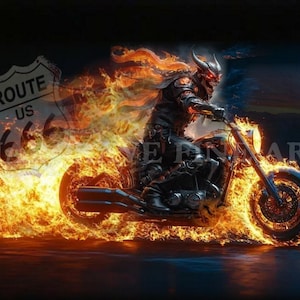 May include: Digital art of a flaming motorcycle with a rider, set against a desert landscape. The bike is engulfed in flames, with the Route 66 sign in the background. The rider has a skull-like face and is wearing dark armor.
