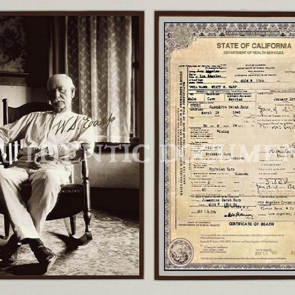 Wall Decor Old West Legend Wyatt Earp Signature Photograph Elder Years Plus Authentic Death Certificate TWO Rare Collectibles with Write-Up