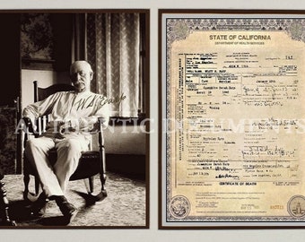 Wall Decor Old West Legend Wyatt Earp Signature Photograph Elder Years Plus Authentic Death Certificate TWO Rare Collectibles with Write-Up