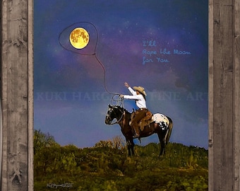 Impresión de luna de vaquero y vaquera vintage con lazo, arte romántico de San Valentín, amor occidental, de K. Hargrave