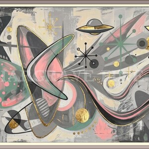 May include: A rectangular framed painting featuring mid-century modern abstract shapes, including boomerangs, starbursts, and flying saucers in shades of gray, pink, and sage green. The composition includes gold leaf accents and black line work.