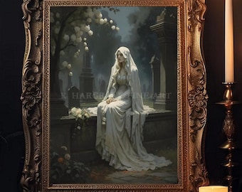 Lámina artística de la Novia Fantasma Gótica: Flores de cementerio victoriano firmada