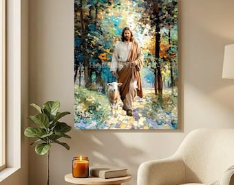 Jesús y el Cordero Buen Pastor Arte Cristiano de Pared Impresión Basada en la Fe Religiosa Decoración del Hogar Espiritual FIRMADO