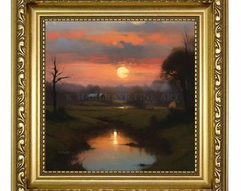 Shenandoah Atardecer Virginia Cabaña Estanque Crepúsculo Montañas Paisaje Arte FIRMADO