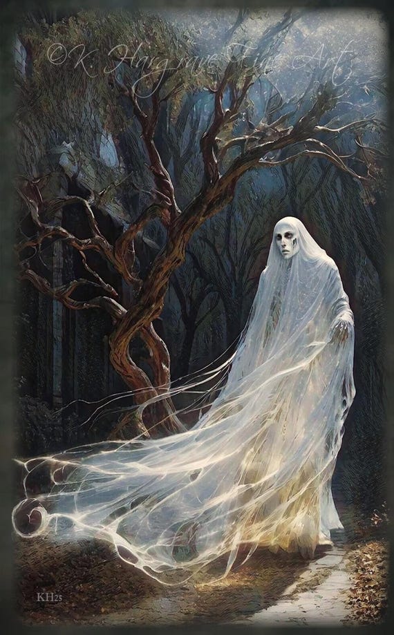 Ghost Art Print White Lady Halloween Wraith in Moonlight Castle