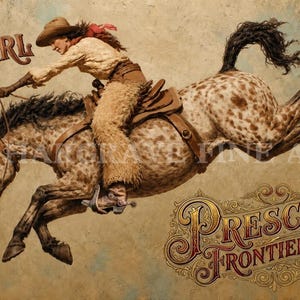 May include: A print featuring a cowgirl in a tan hat, light shirt, and fringed chaps riding a spotted horse in mid-air. The text reads Spirit of the Cowgirl and Prescott Frontier Days in decorative gold and red lettering against a textured background.