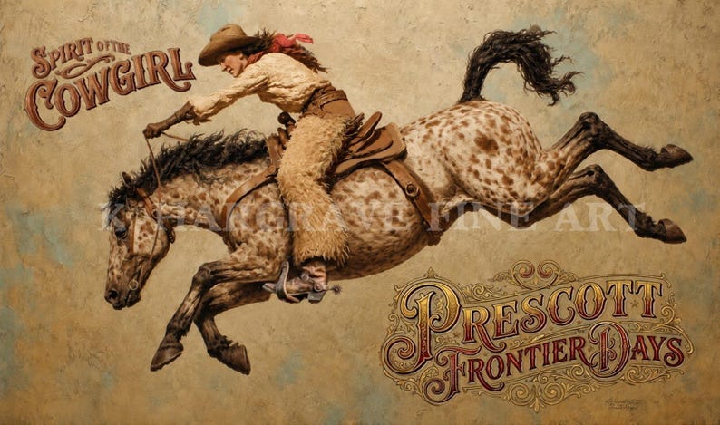 May include: A print featuring a cowgirl in a tan hat, light shirt, and fringed chaps riding a spotted horse in mid-air. The text reads Spirit of the Cowgirl and Prescott Frontier Days in decorative gold and red lettering against a textured background.