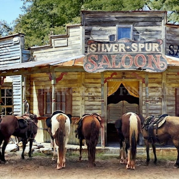 Vintage Wall Decor Old Wild West Silver Spur Saloon Horses Cowboys Beer Happy Hour Art Print FREE Ship