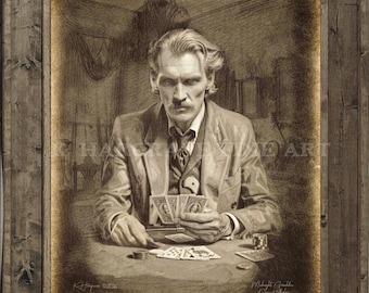 Lápida del Viejo Oeste de Doc Holliday Earps, ilustración histórica de grafito victoriano de Moody, boceto de juego de armas ilegal, impresión artística de K. Hargrave