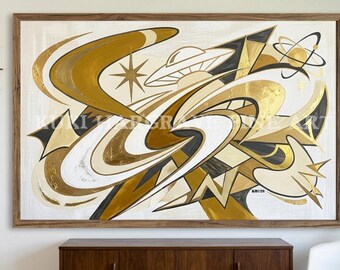 Lámina artística retro de los años 50, estilo boomerang, oro atómico, negro, espacial, googie y explosión estelar, de mediados de siglo, FIRMADA.