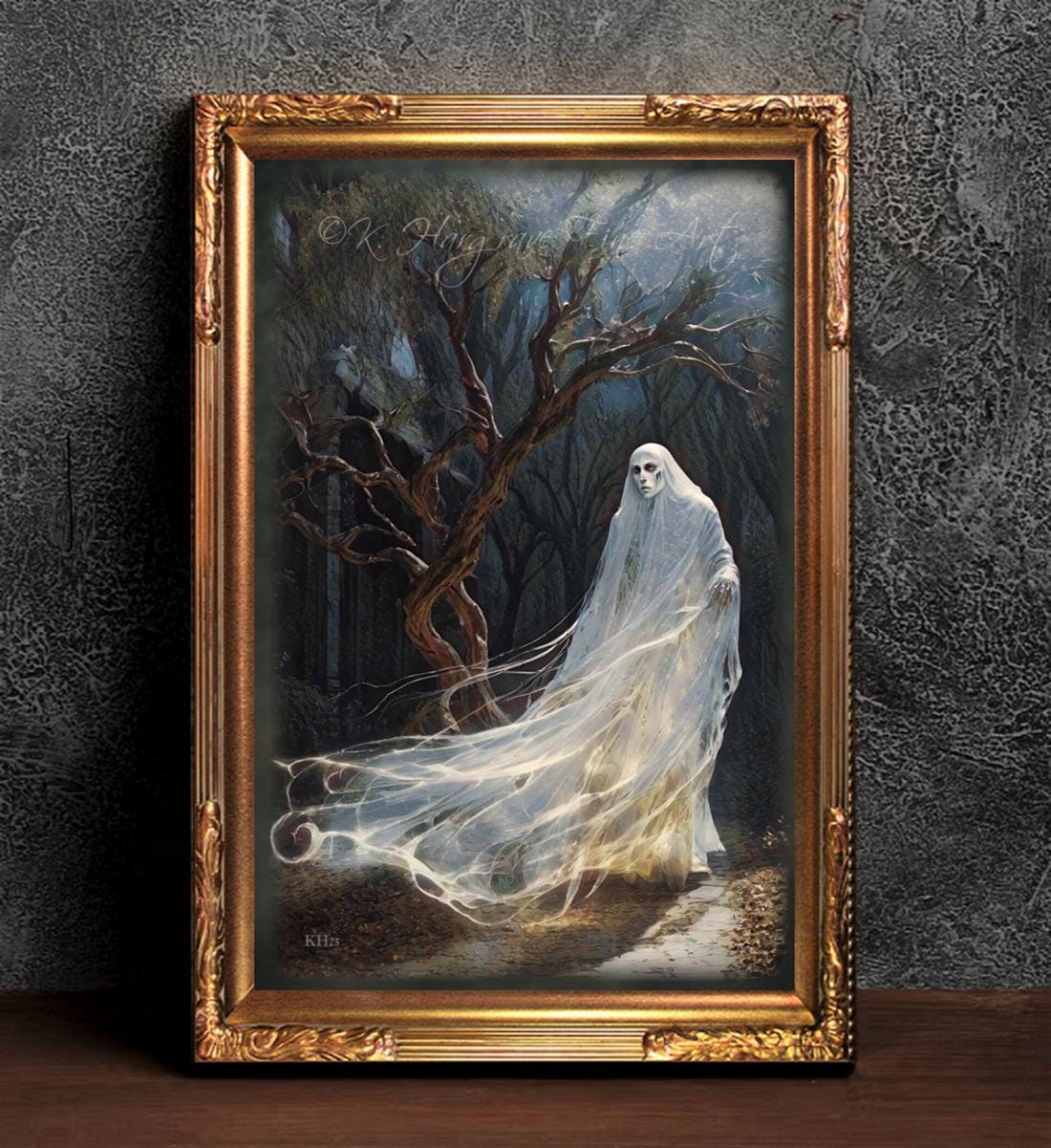 Ghost Art Print White Lady Halloween Wraith in Moonlight Castle