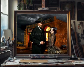 Lápida con jaula de pájaros de Wyatt Earp, Encuentro de Josephine Marcus, Ilustración histórica romántica única, lámina artística firmada por el artista
