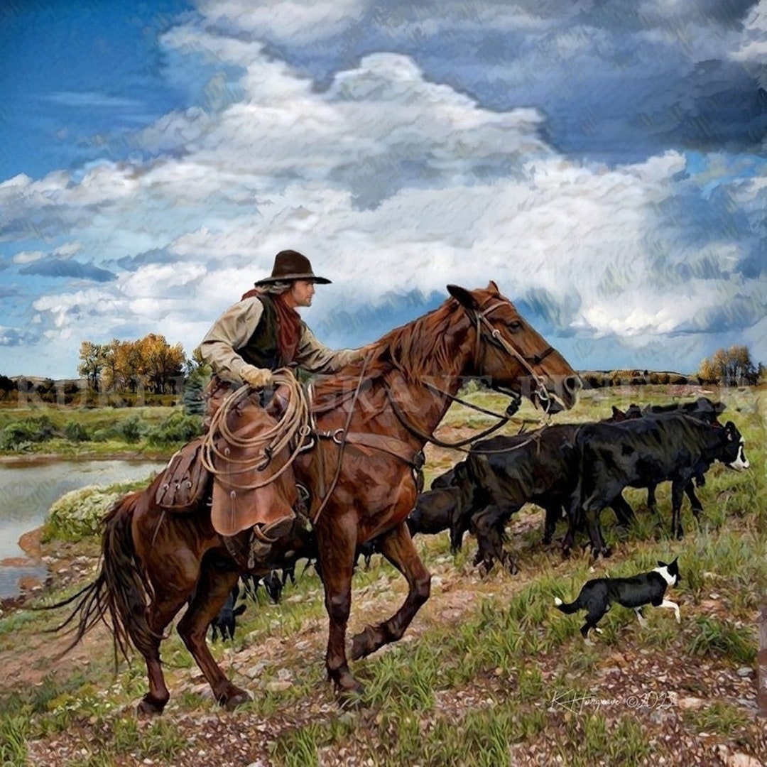 Old West Cowboy Horse Cattle Dog Landscape Western Art SIGNED Etsy