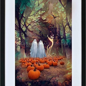Ghost Art Print: Spooky Pumpkin Patch, Witch Tree, Signed Giclee