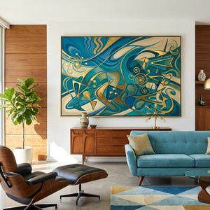 May include: A large rectangular wall art piece featuring an abstract composition of swirling blue, teal, and gold shapes. The artwork displays fluid lines, geometric forms, and metallic gold accents that create a sense of movement and depth.