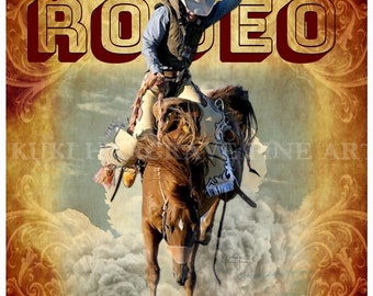 May include: A vintage-style poster advertising a rodeo event in Prescott, Arizona. The poster features a cowboy riding a bucking bronco against a backdrop of clouds and a decorative border. The text "World Famous Rodeo" is prominently displayed in red letters.