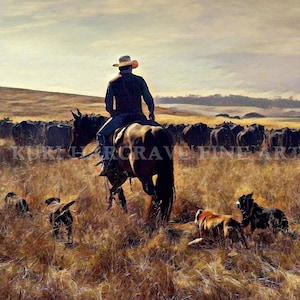 Western Cowboy Art Print: Cattle Dogs Landscape Painting by K. Hargrave