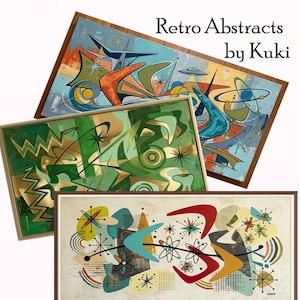 May include: Three rectangular framed wall art pieces featuring abstract mid-century designs with boomerangs, starbursts, and atomic shapes in blue, green, red, and gold. The text Retro Abstracts by Kuki is printed in the upper right corner.