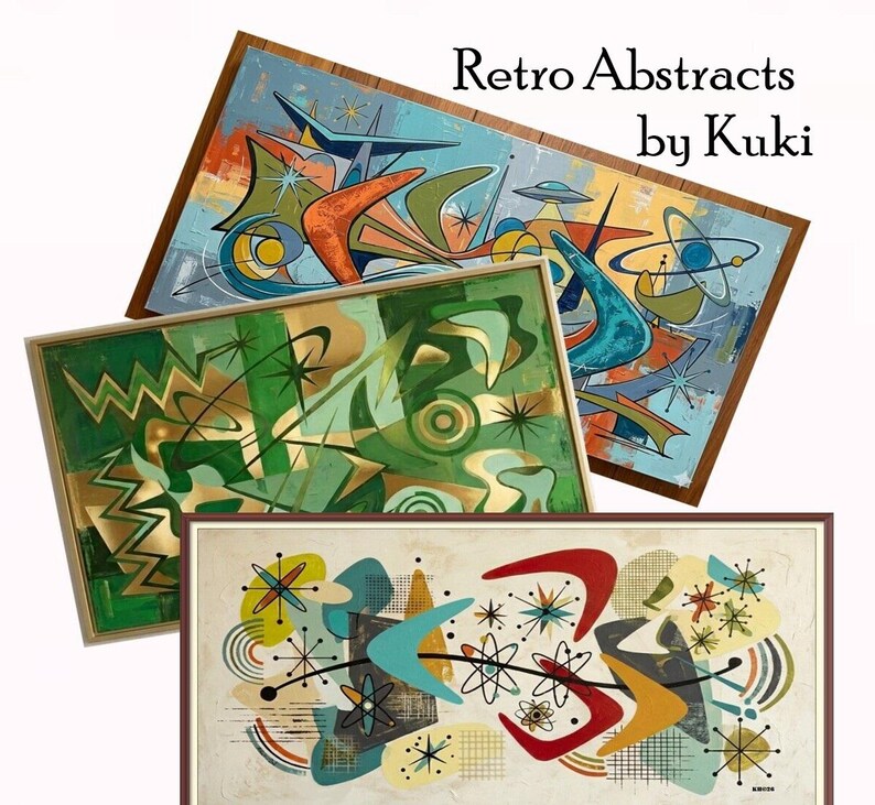 May include: Three rectangular framed wall art pieces featuring abstract mid-century designs with boomerangs, starbursts, and atomic shapes in blue, green, red, and gold. The text Retro Abstracts by Kuki is printed in the upper right corner.