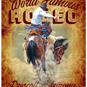 Signed Rodeo Poster: Vintage Bronc Rider Art Print, Prescott Arizona