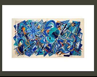 Lámina artística retro de los años 50, estilo boomerang atómico azul jazz googie con efecto estrella, de mediados de siglo, firmada.