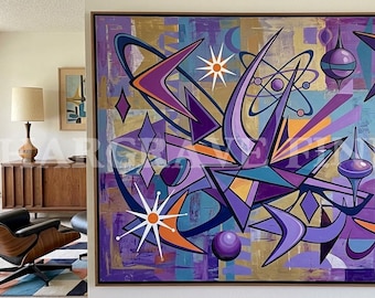 Lámina decorativa de pared retro de los años 50, estilo boomerang atómico púrpura googie con explosión estelar, de mediados de siglo, FIRMADA.